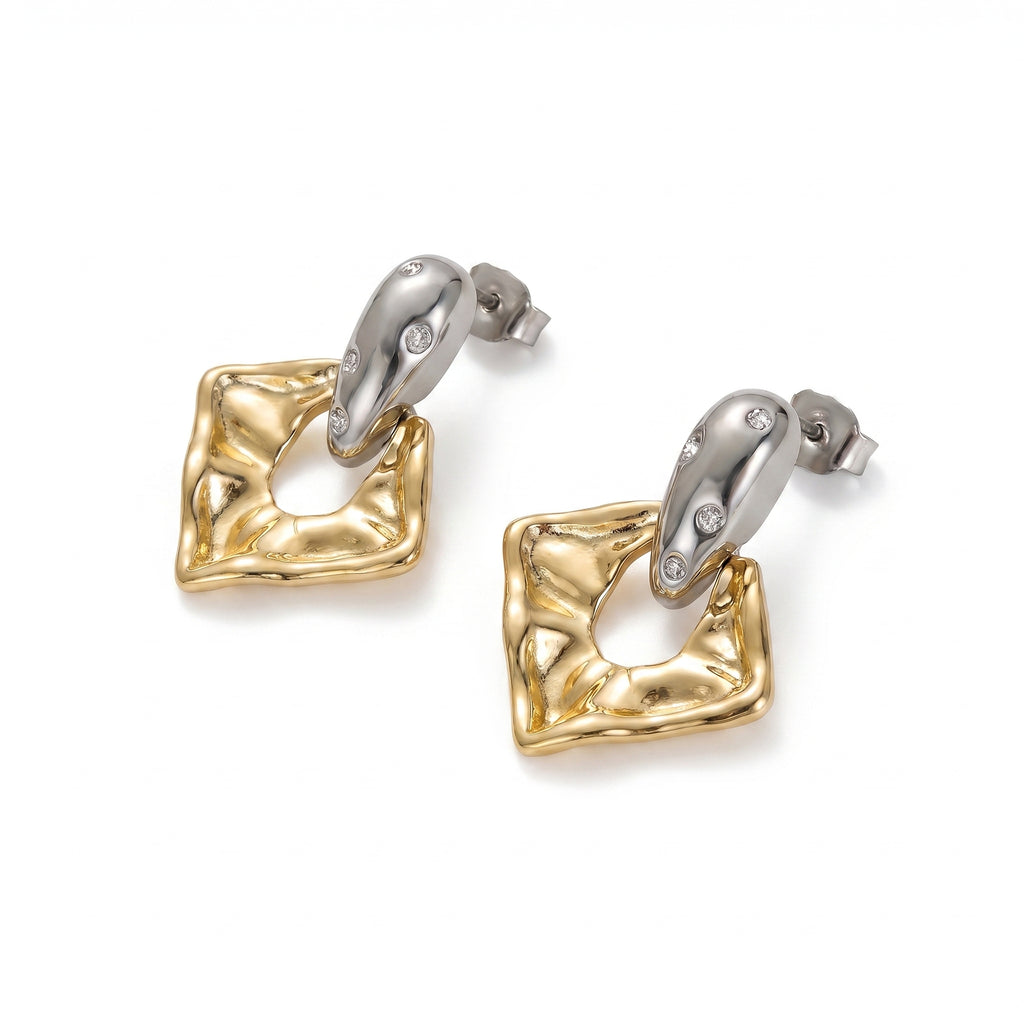 Two-Tone Hammered Square Drop Earrings – Gold & Silver CZ Fashion Earrings
