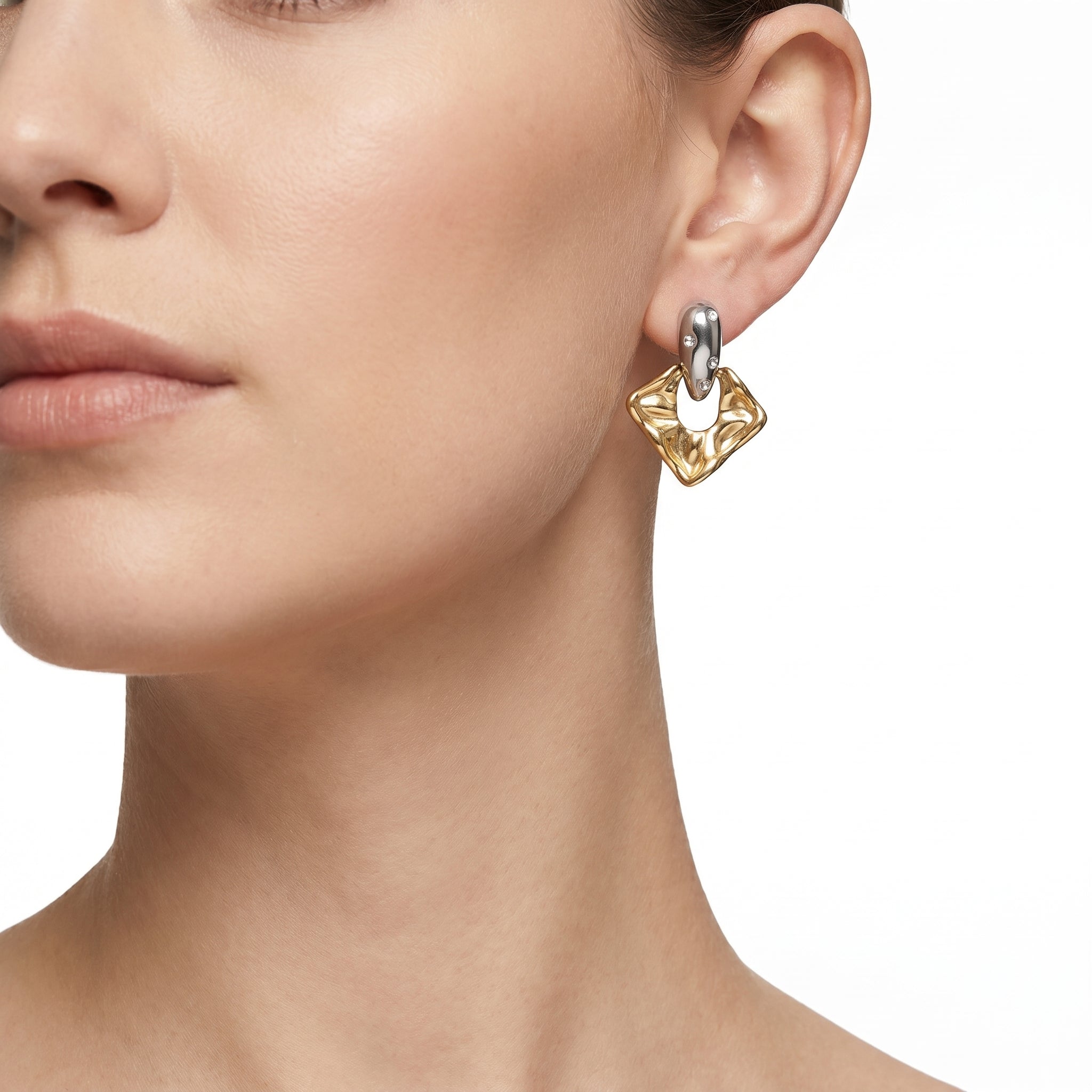 Two-Tone Hammered Square Drop Earrings – Gold & Silver CZ Fashion Earrings