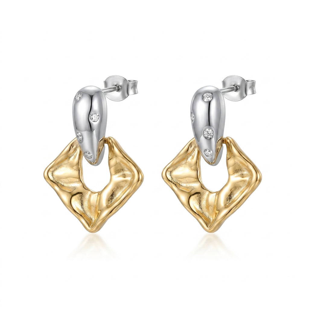 Two-Tone Hammered Square Drop Earrings – Gold & Silver CZ Fashion Earrings