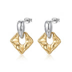 Two-Tone Hammered Square Drop Earrings – Gold & Silver CZ Fashion Earrings
