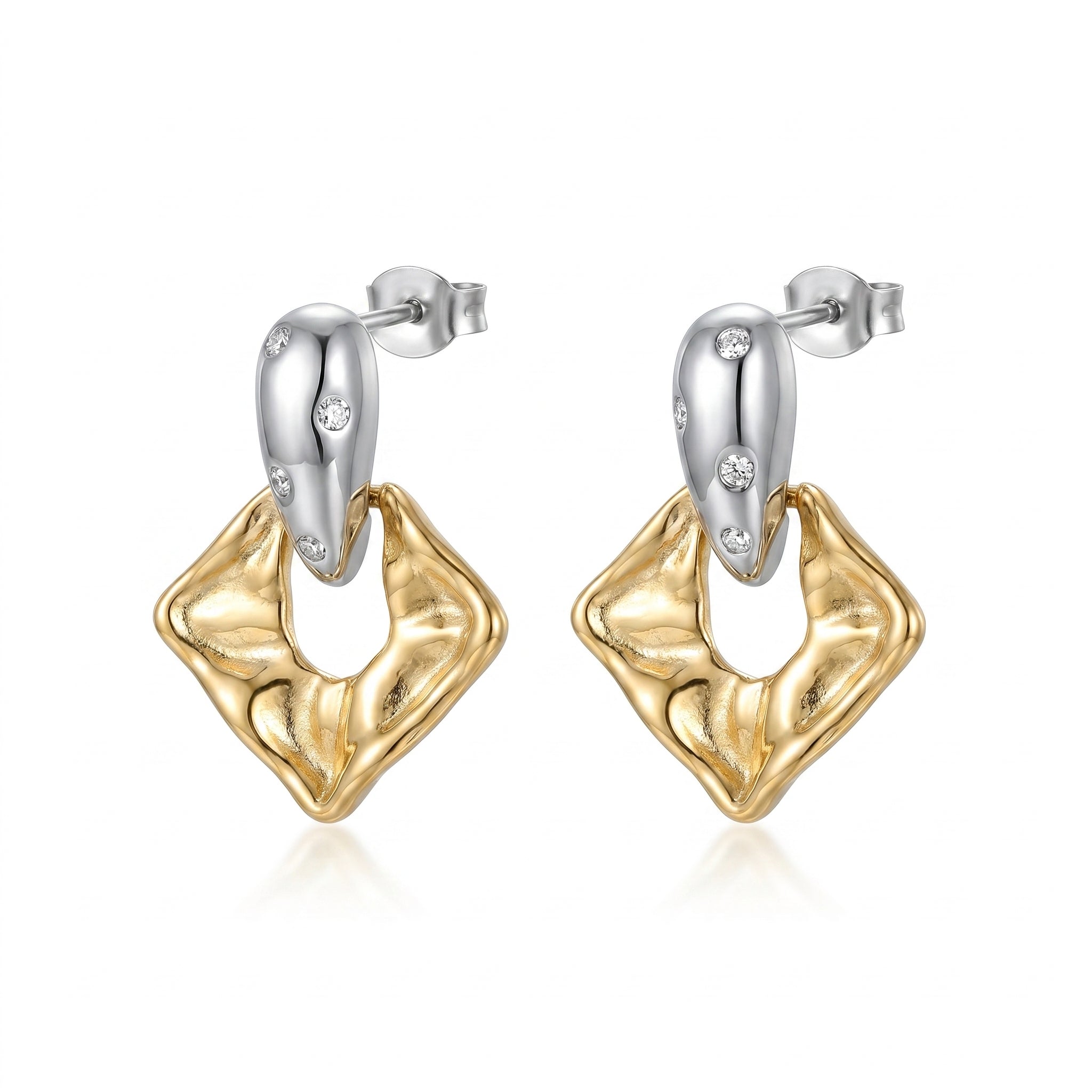 Two-Tone Hammered Square Drop Earrings – Gold & Silver CZ Fashion Earrings