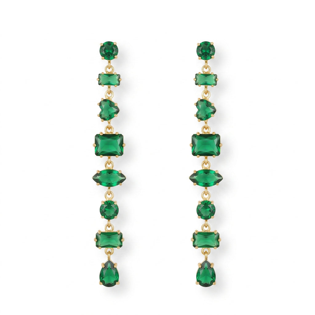 Emerald Green Multi-Shape Long Drop Earrings – Gold Statement Fashion Earrings