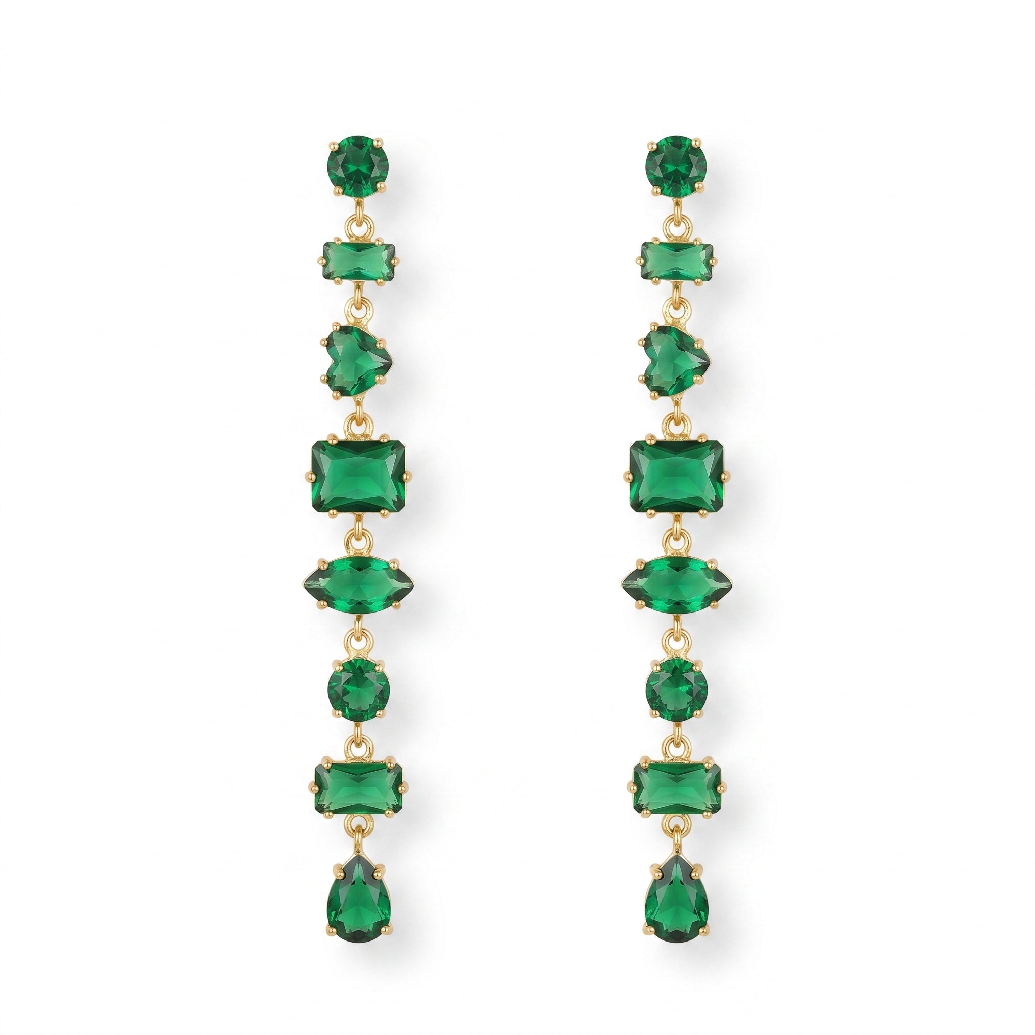 Emerald Green Multi-Shape Long Drop Earrings – Gold Statement Fashion Earrings
