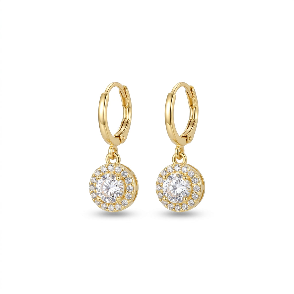 Round Halo CZ Huggie Drop Earrings – Gold Fashion Jewellery for Women