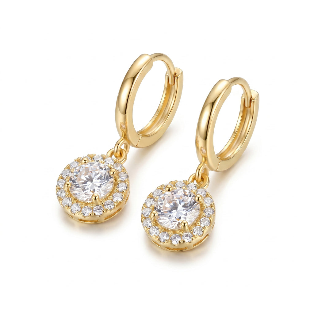 Round Halo CZ Huggie Drop Earrings – Gold Fashion Jewellery for Women