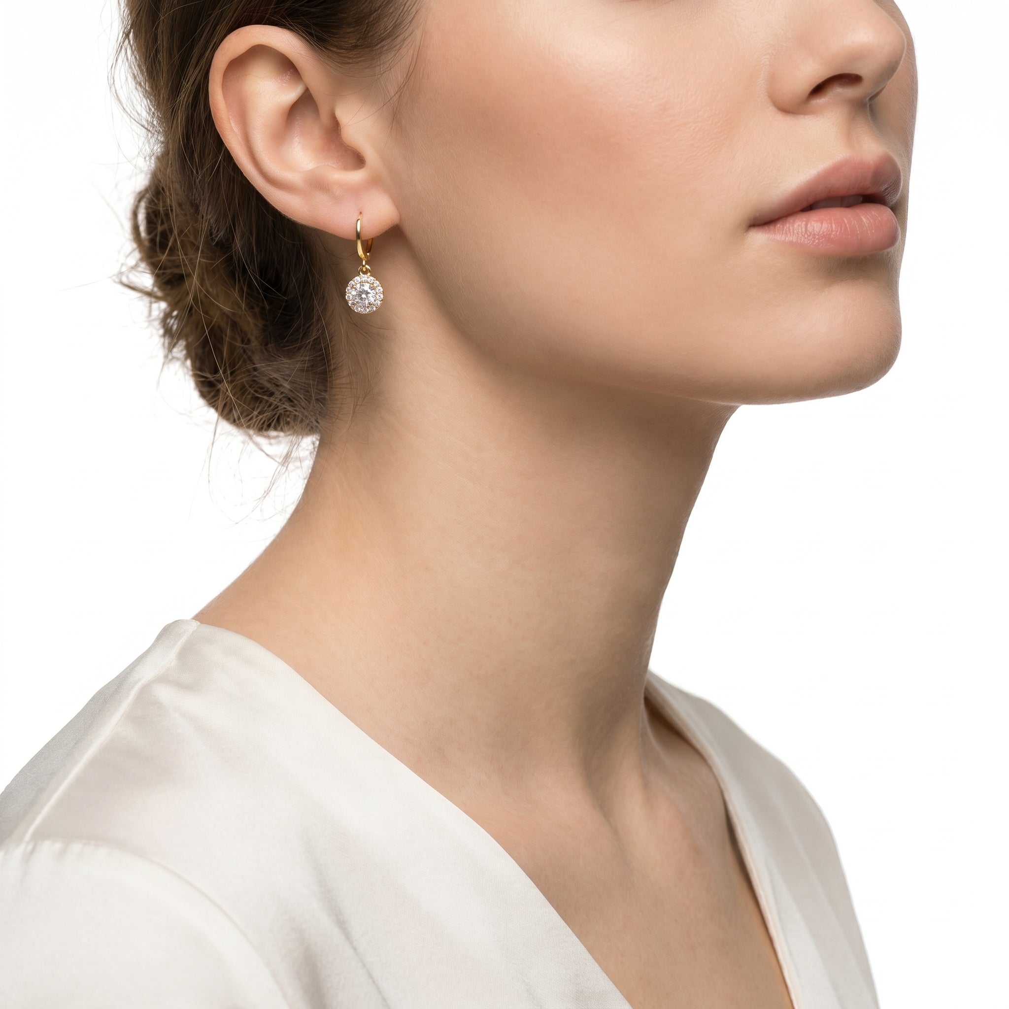 Round Halo CZ Huggie Drop Earrings – Gold Fashion Jewellery for Women