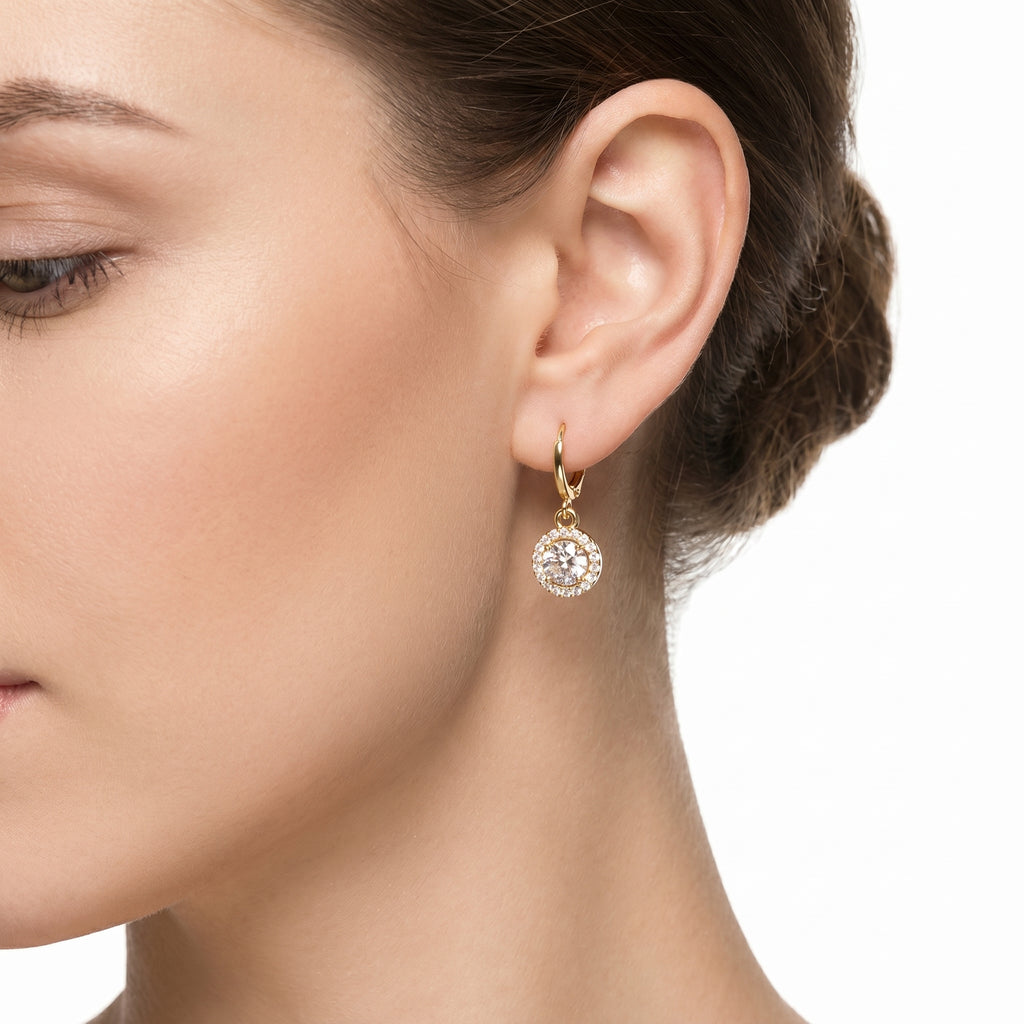 Round Halo CZ Huggie Drop Earrings – Gold Fashion Jewellery for Women