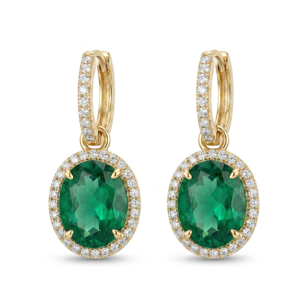 Oval Emerald Halo Drop Earrings – Gold Luxury Fashion Earrings