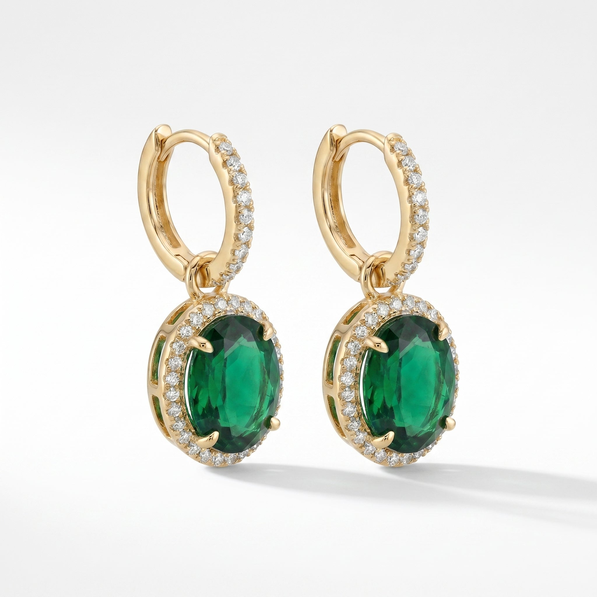 Oval Emerald Halo Drop Earrings – Gold Luxury Fashion Earrings