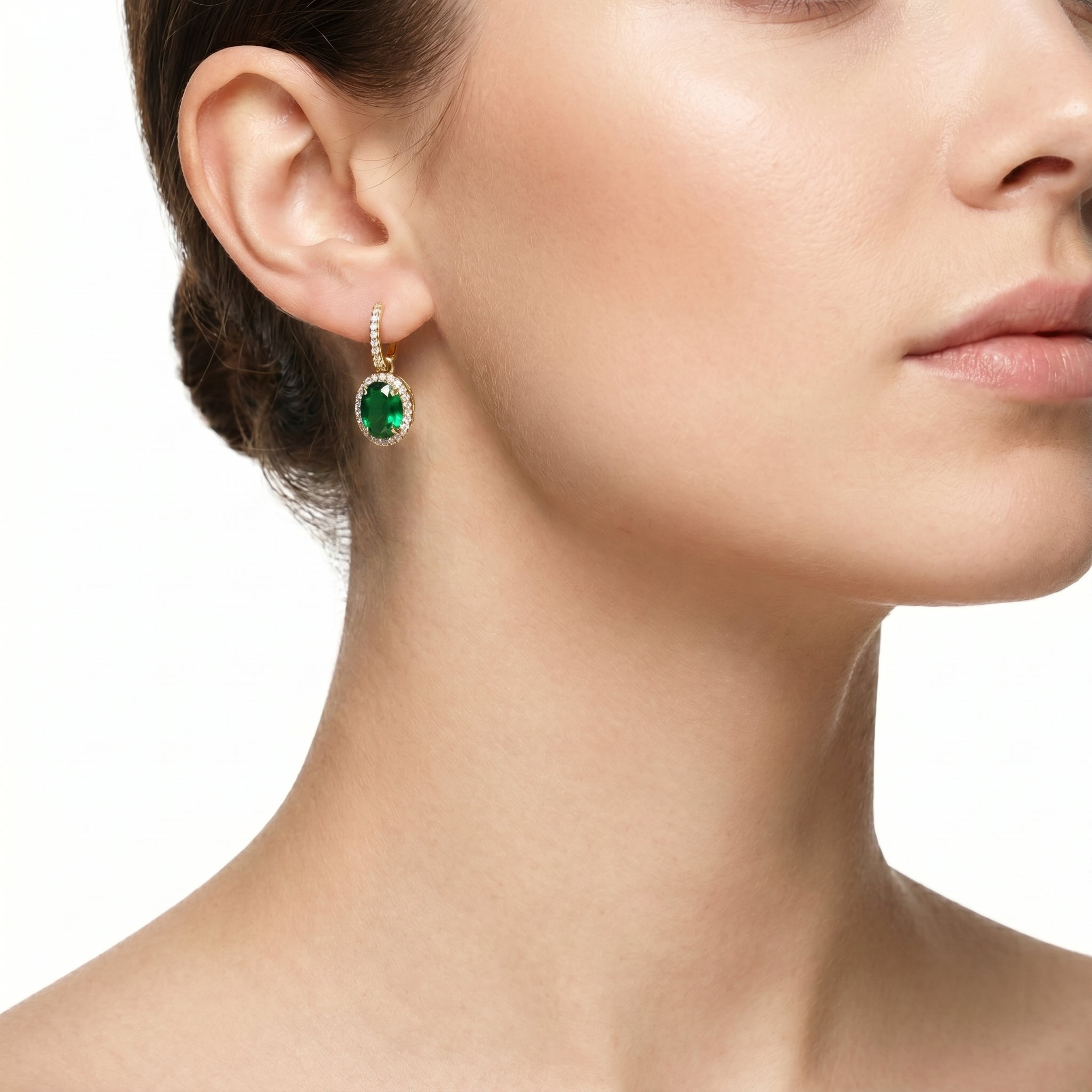 Oval Emerald Halo Drop Earrings – Gold Luxury Fashion Earrings