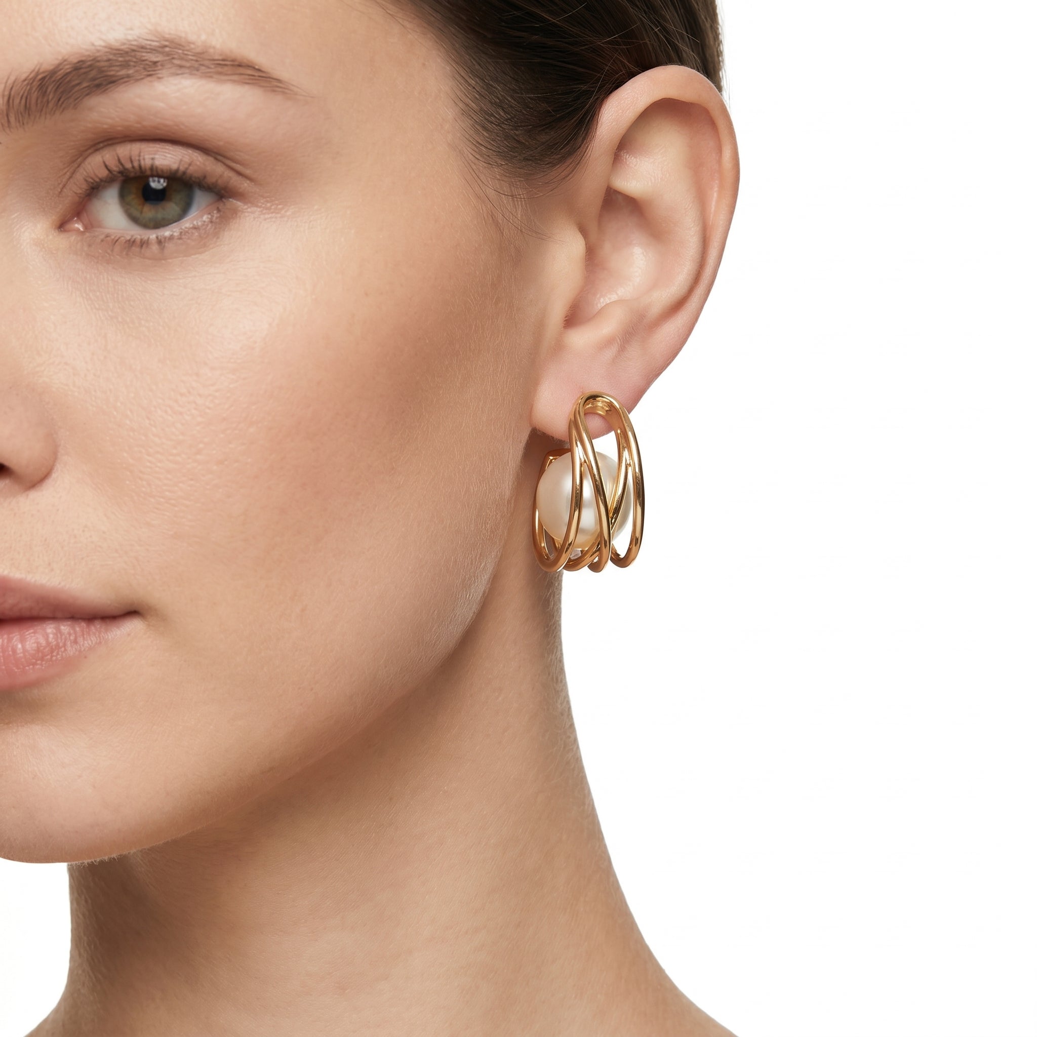Pearl Cage Hoop Earrings – Gold Sculptural Fashion Jewellery