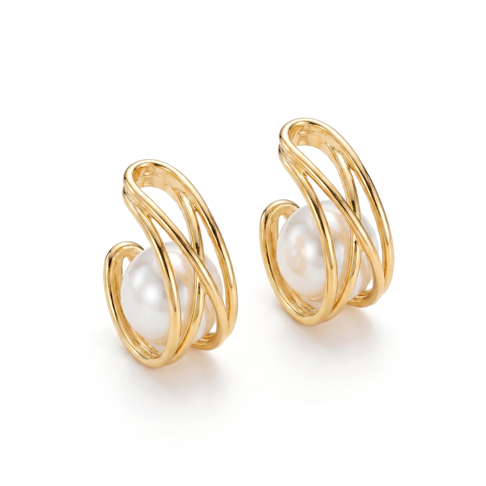 Pearl Cage Hoop Earrings – Gold Sculptural Fashion Jewellery
