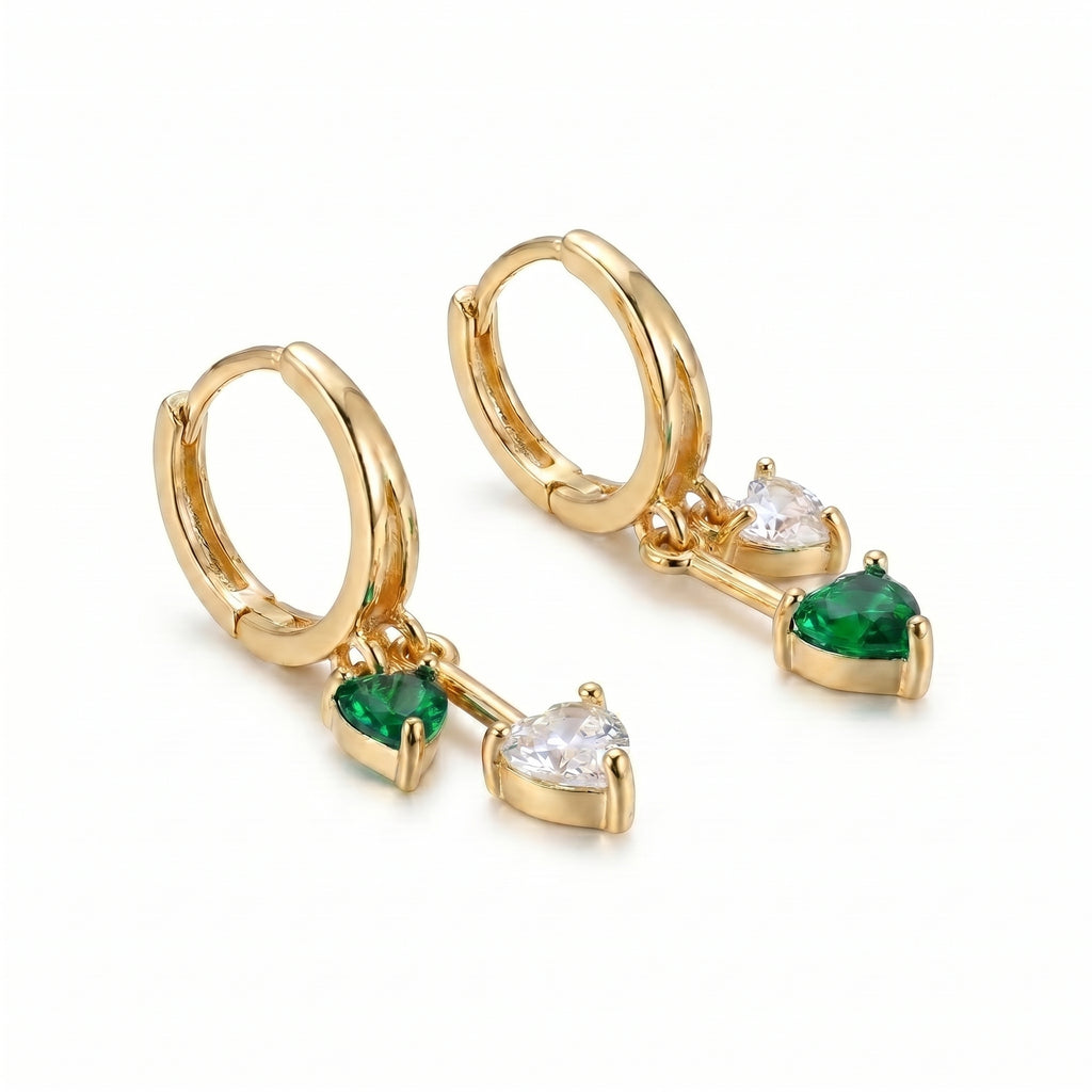 Green & White Double Heart Huggie Earrings – Gold Fashion Drop Earrings