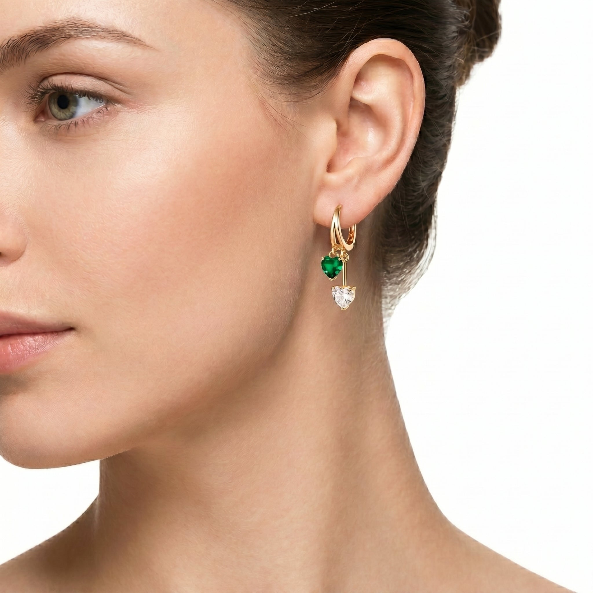 Green & White Double Heart Huggie Earrings – Gold Fashion Drop Earrings