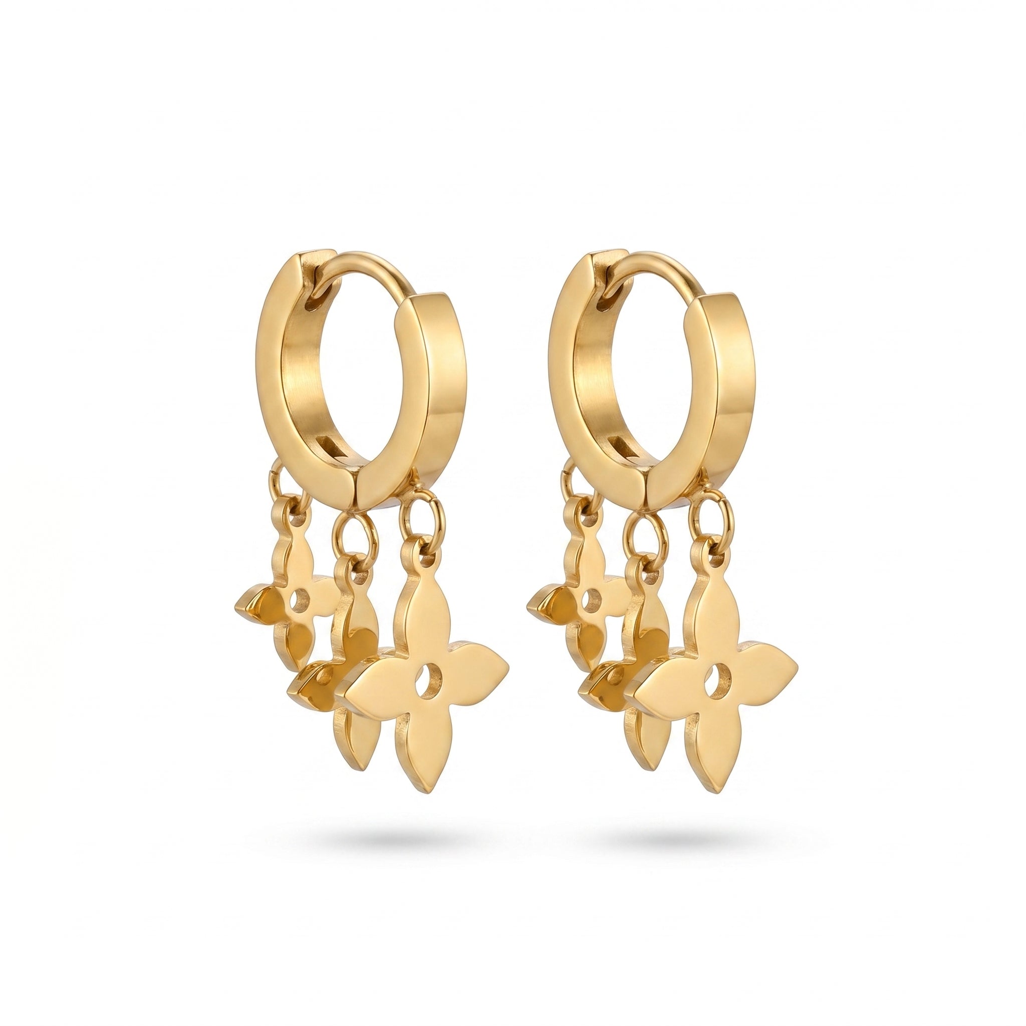Triple Fleur Charm Huggie Earrings – Gold Flower Fashion Earrings