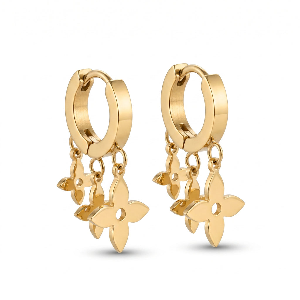 Triple Fleur Charm Huggie Earrings – Gold Flower Fashion Earrings