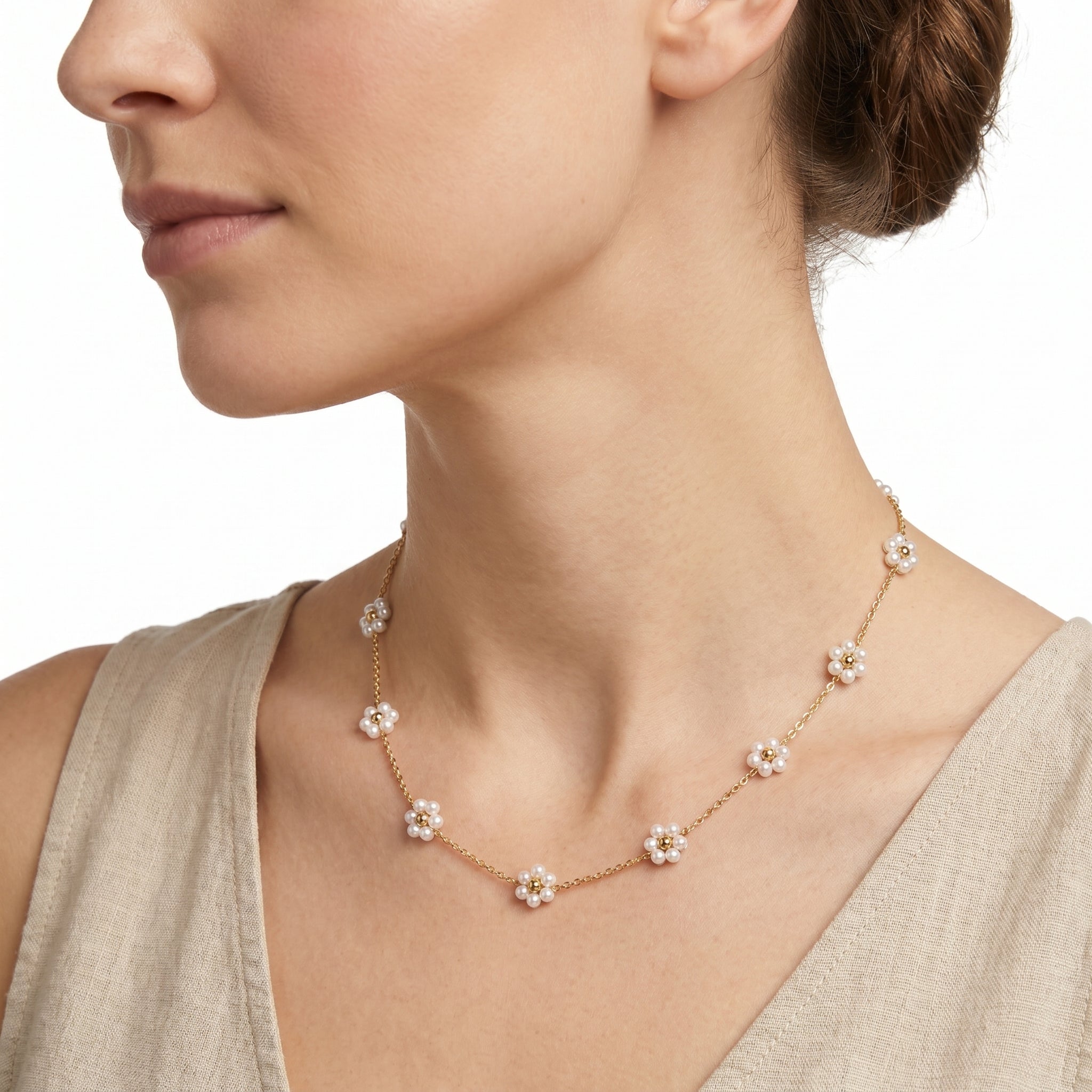 Pearl Daisy Station Choker Necklace – Gold Floral Fashion Jewellery