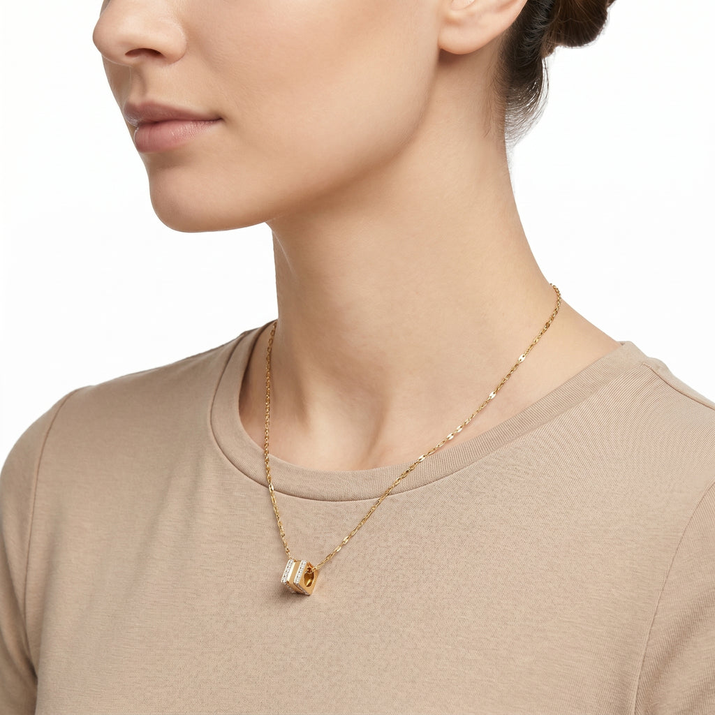 CZ Barrel Charm Pendant Necklace – Gold Geometric Fashion Jewellery