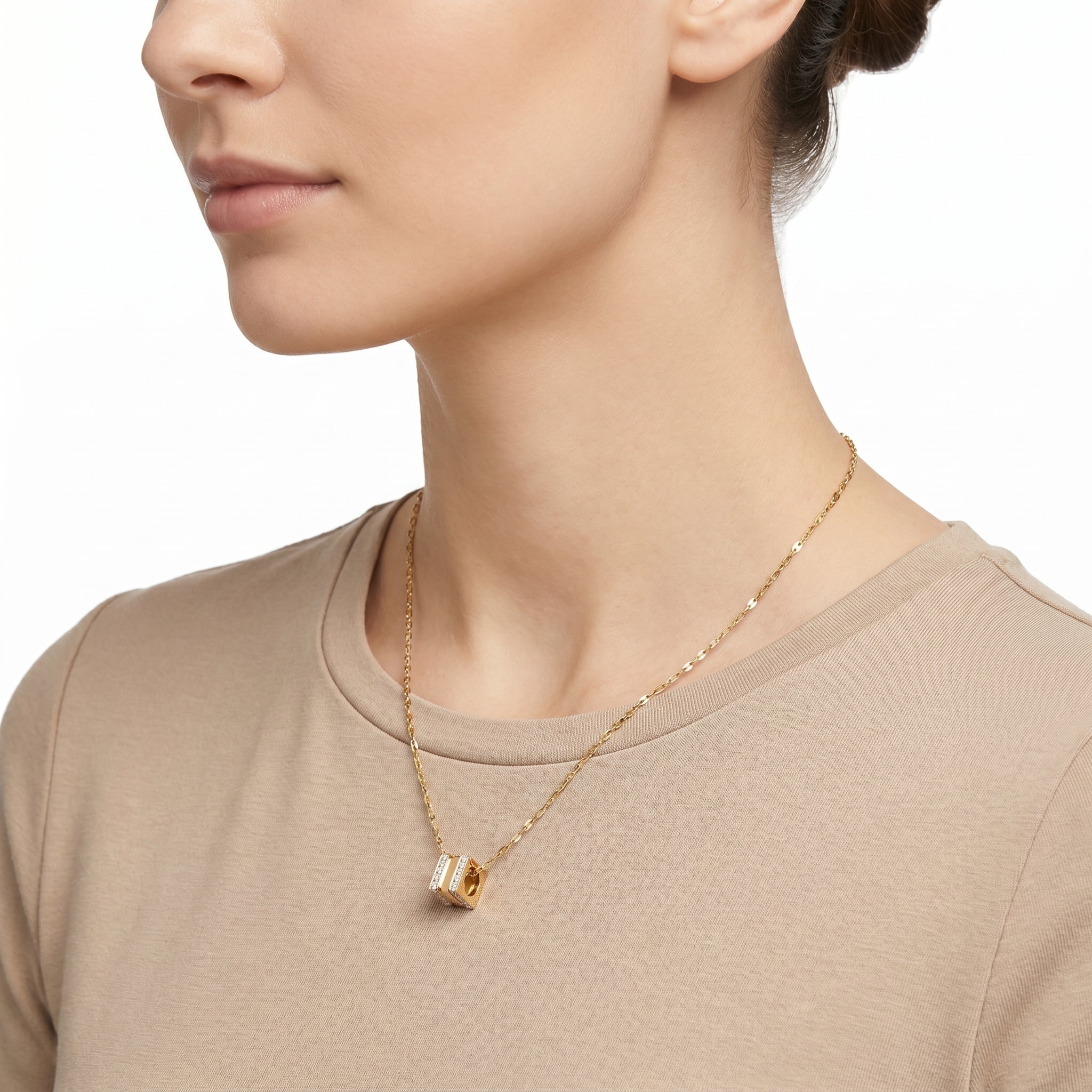 CZ Barrel Charm Pendant Necklace – Gold Geometric Fashion Jewellery