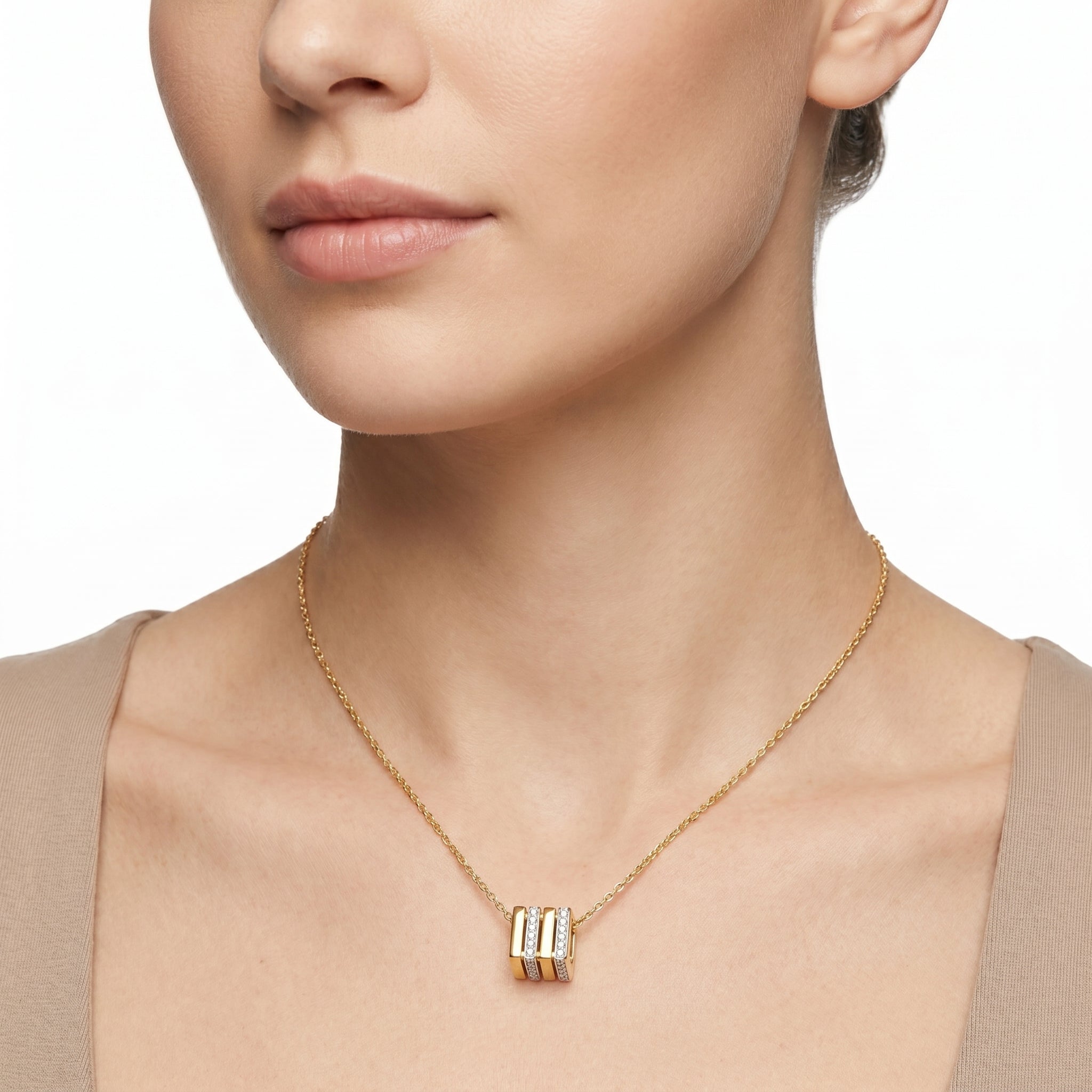 CZ Barrel Charm Pendant Necklace – Gold Geometric Fashion Jewellery