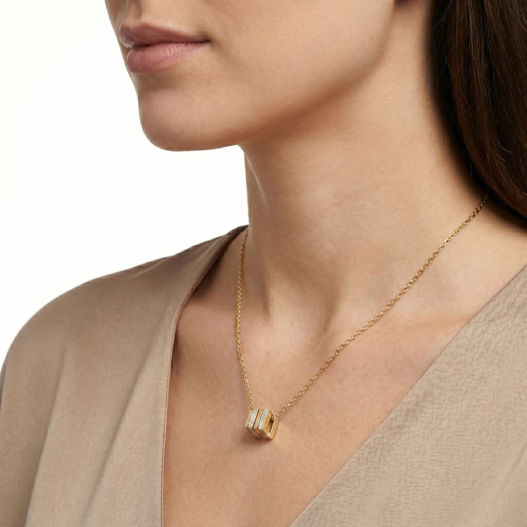 CZ Barrel Charm Pendant Necklace – Gold Geometric Fashion Jewellery