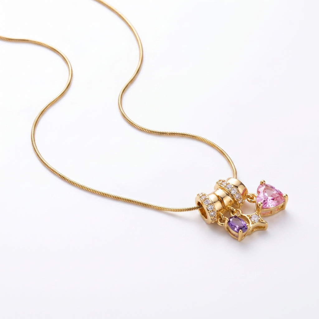 Pink & Purple Multi-Charm Snake Chain Necklace – Gold Fashion Jewellery