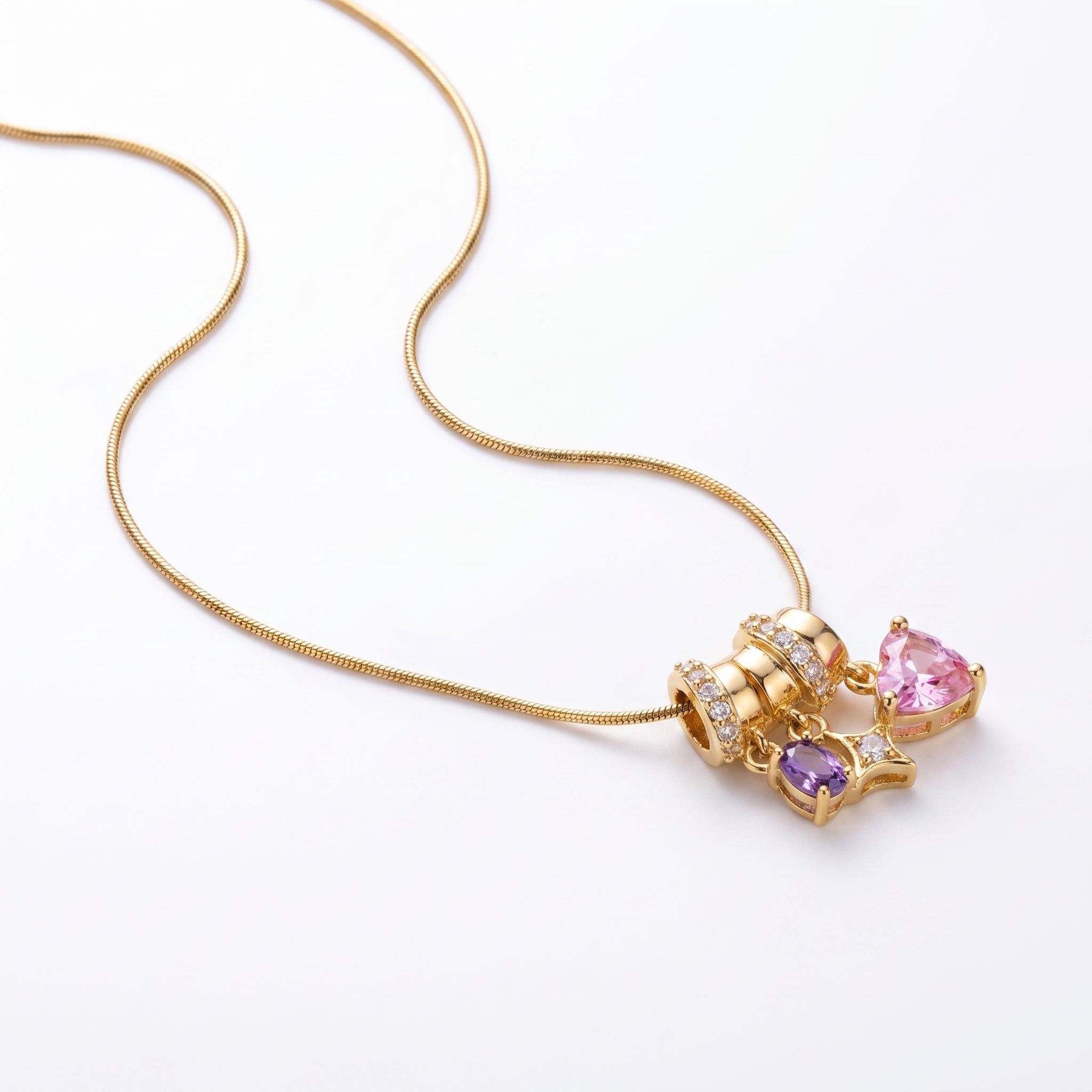 Pink & Purple Multi-Charm Snake Chain Necklace – Gold Fashion Jewellery