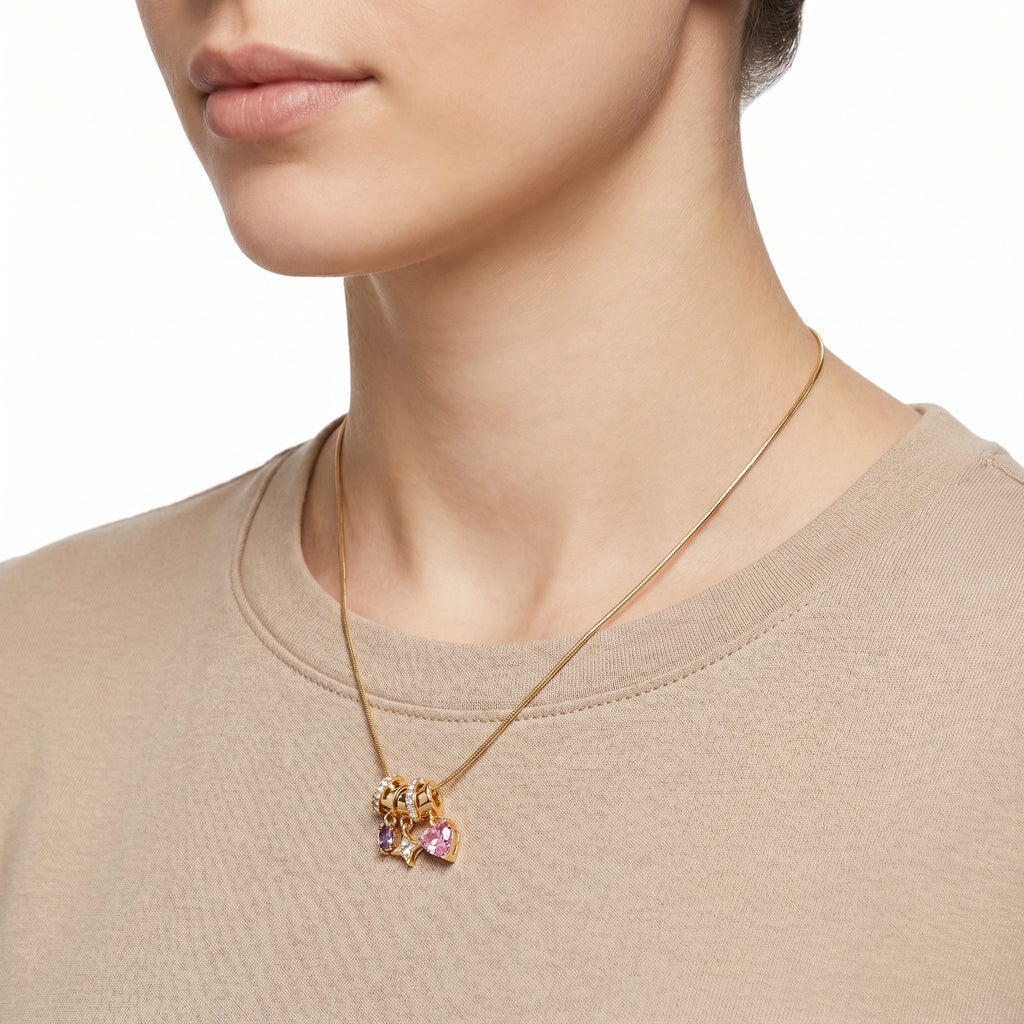 Pink & Purple Multi-Charm Snake Chain Necklace – Gold Fashion Jewellery