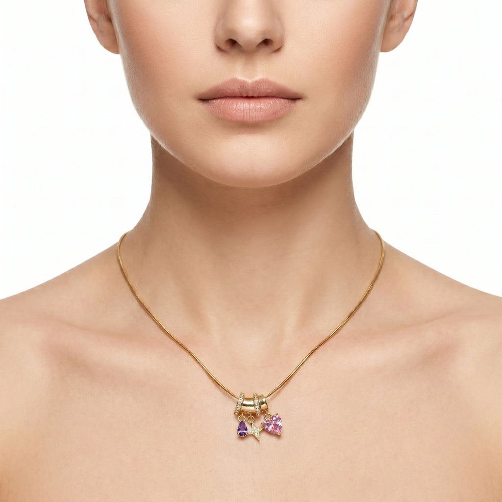 Pink & Purple Multi-Charm Snake Chain Necklace – Gold Fashion Jewellery