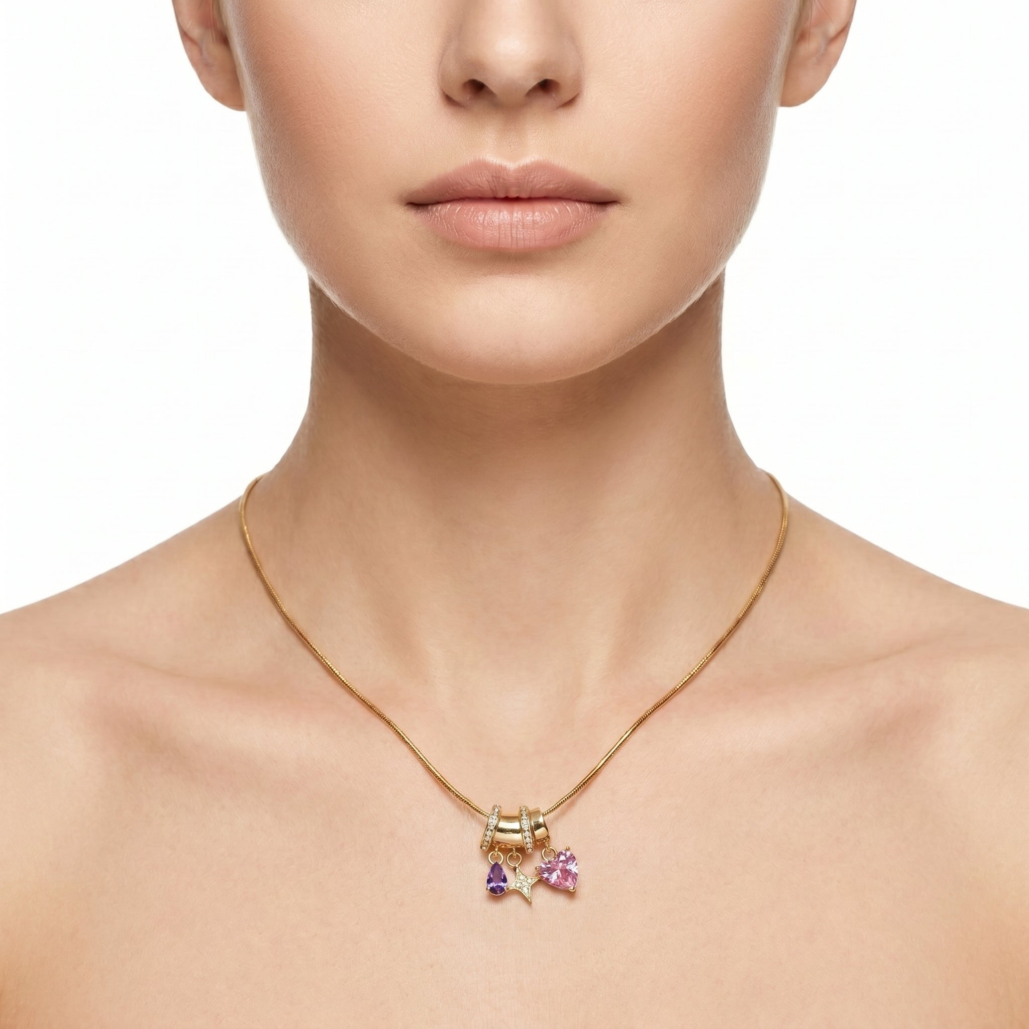 Pink & Purple Multi-Charm Snake Chain Necklace – Gold Fashion Jewellery