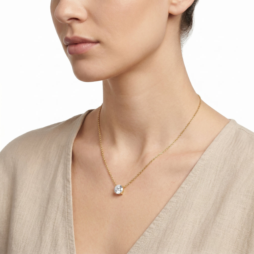 Round CZ Solitaire Pendant Necklace – Gold Minimalist Fashion Jewellery