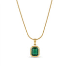 Emerald Cut Green CZ Bezel Pendant Necklace – Gold Snake Chain Fashion Jewellery