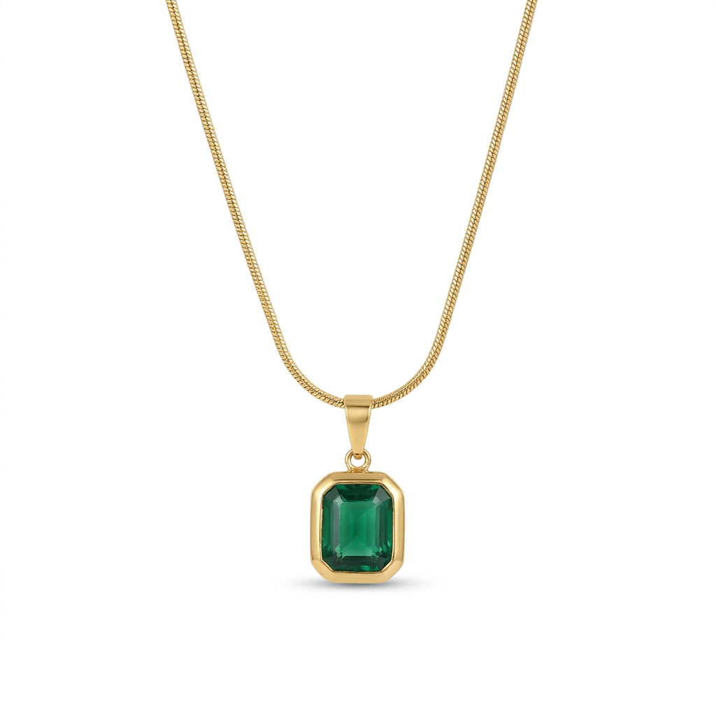 Emerald Cut Green CZ Bezel Pendant Necklace – Gold Snake Chain Fashion Jewellery