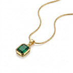 Emerald Cut Green CZ Bezel Pendant Necklace – Gold Snake Chain Fashion Jewellery