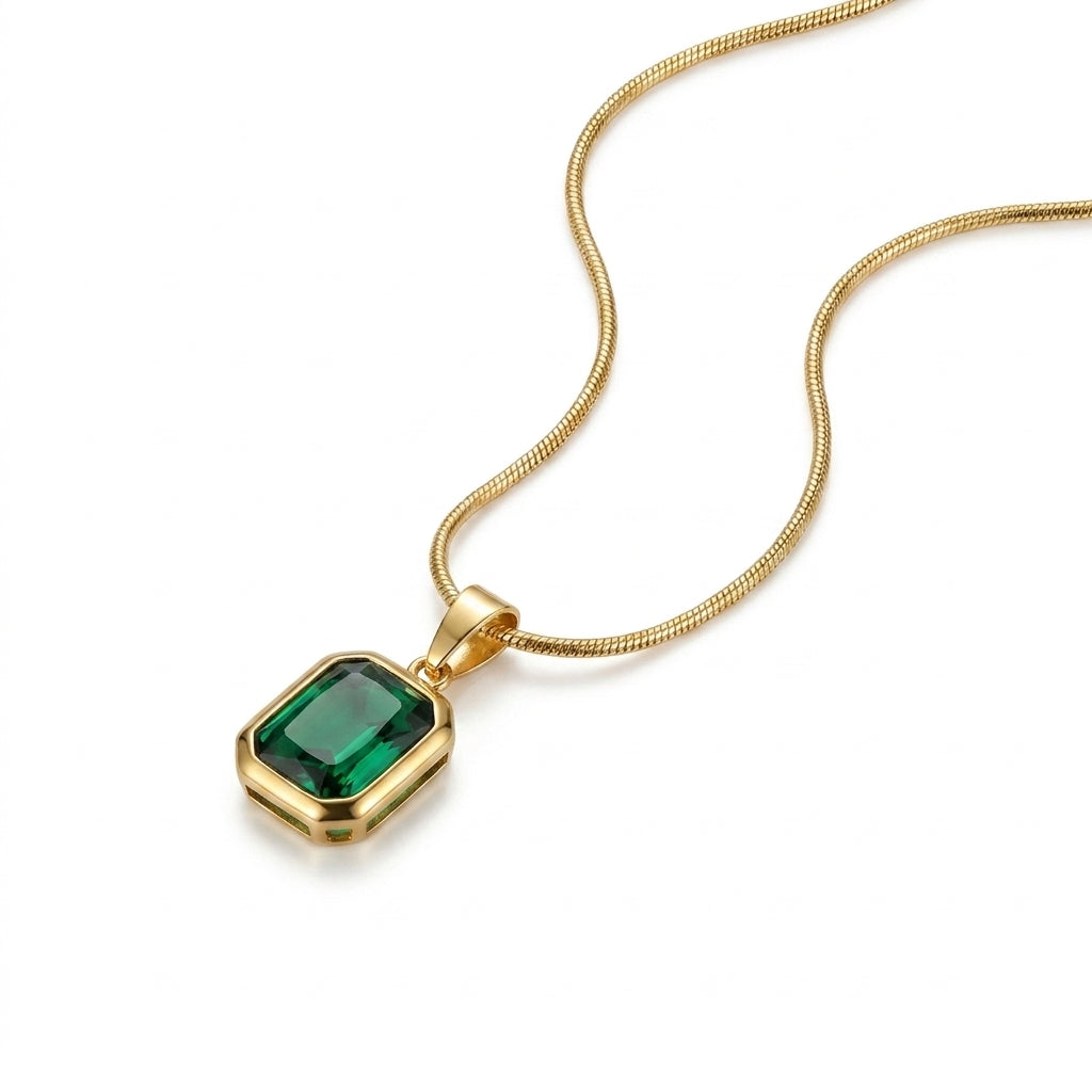 Emerald Cut Green CZ Bezel Pendant Necklace – Gold Snake Chain Fashion Jewellery