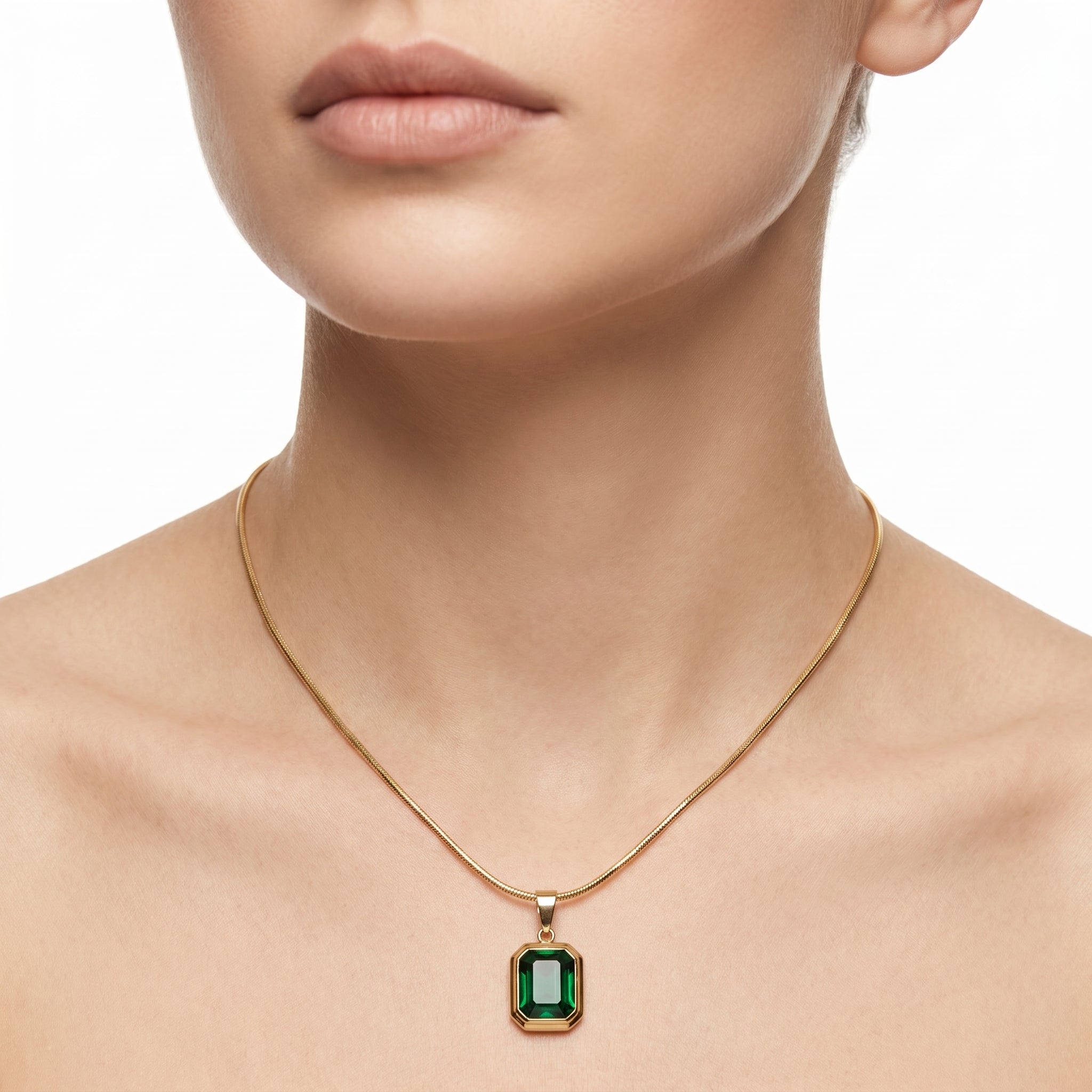 Emerald Cut Green CZ Bezel Pendant Necklace – Gold Snake Chain Fashion Jewellery