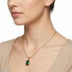 Emerald Cut Green CZ Bezel Pendant Necklace – Gold Snake Chain Fashion Jewellery