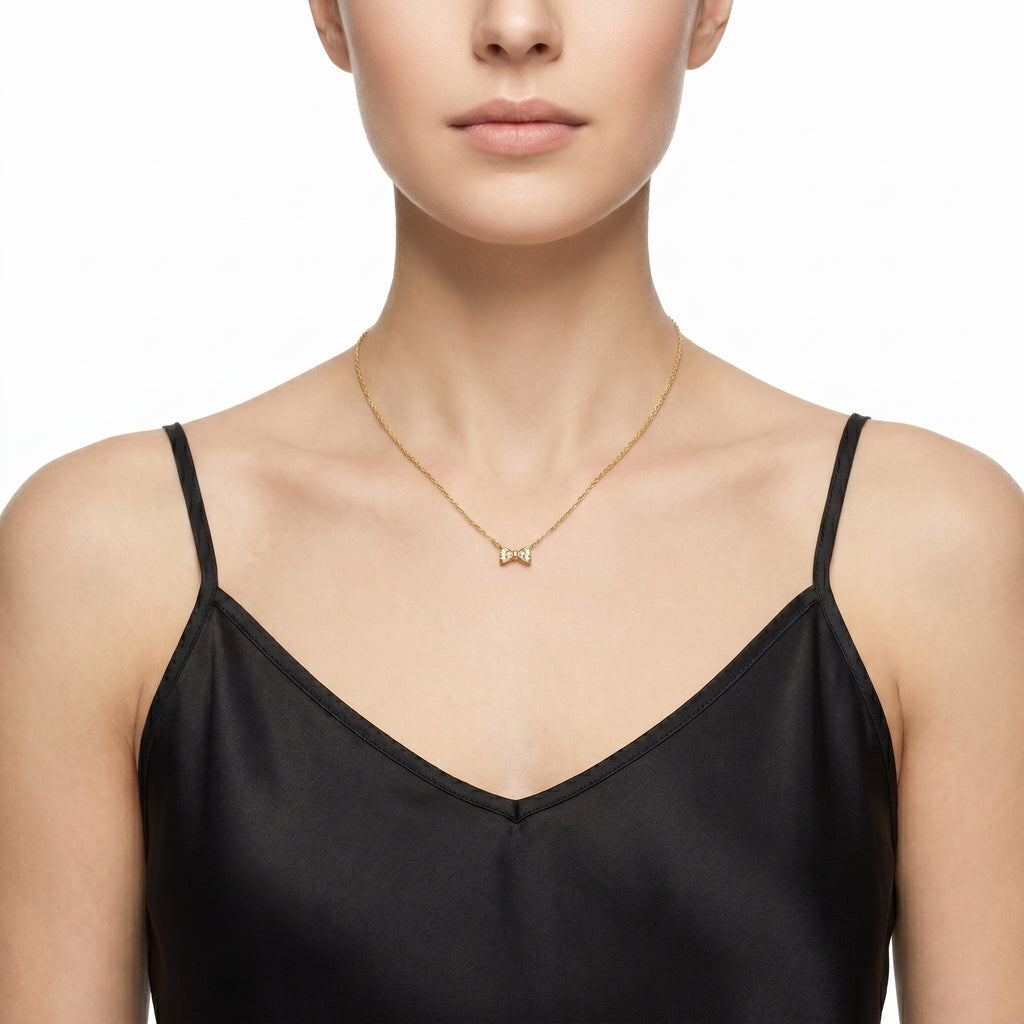 CZ Bow Pendant Necklace – Dainty Gold Fashion Jewellery