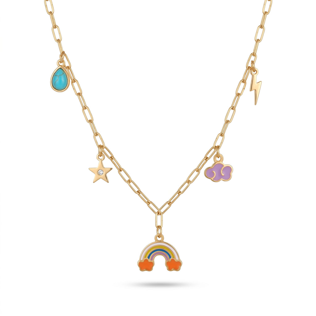 Rainbow & Cloud Enamel Charm Necklace – Gold Paperclip Chain Fashion Jewellery
