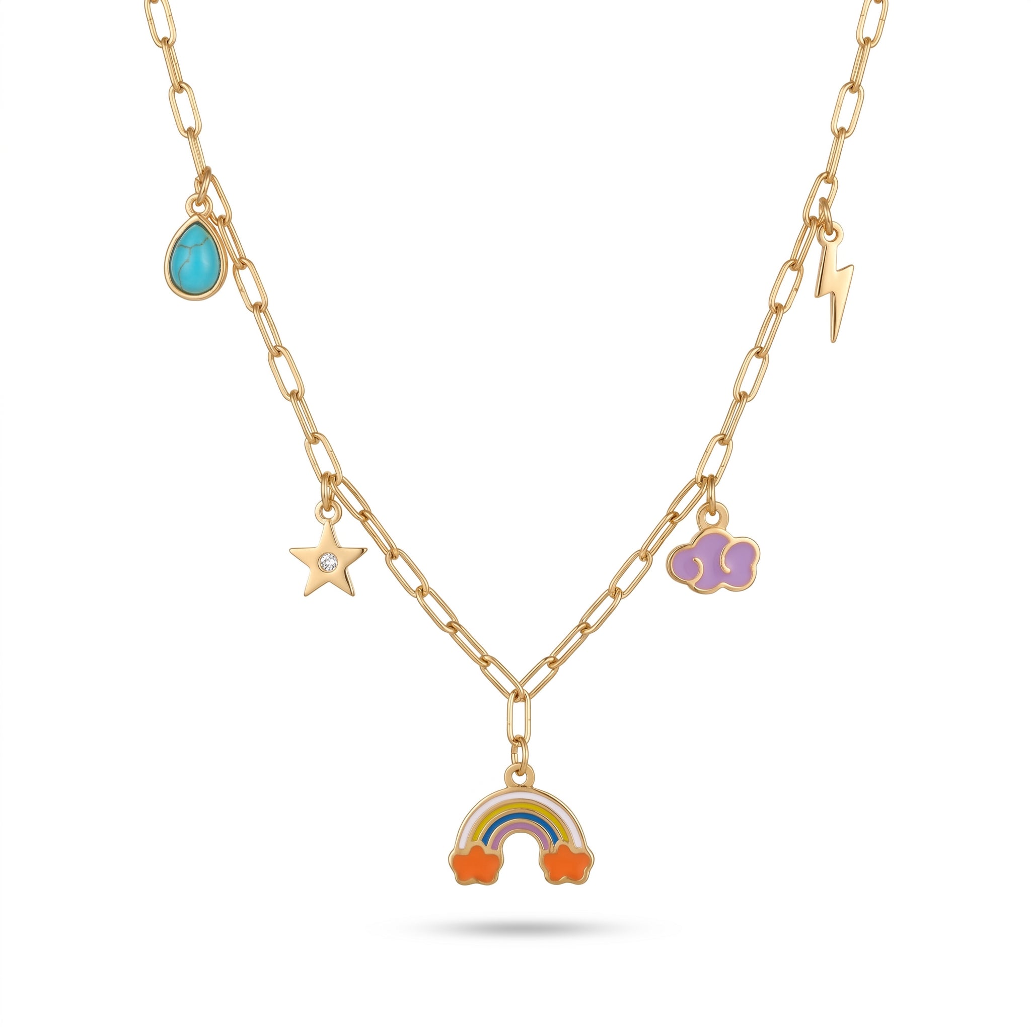 Rainbow & Cloud Enamel Charm Necklace – Gold Paperclip Chain Fashion Jewellery