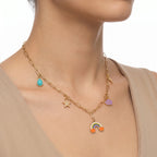 Rainbow & Cloud Enamel Charm Necklace – Gold Paperclip Chain Fashion Jewellery