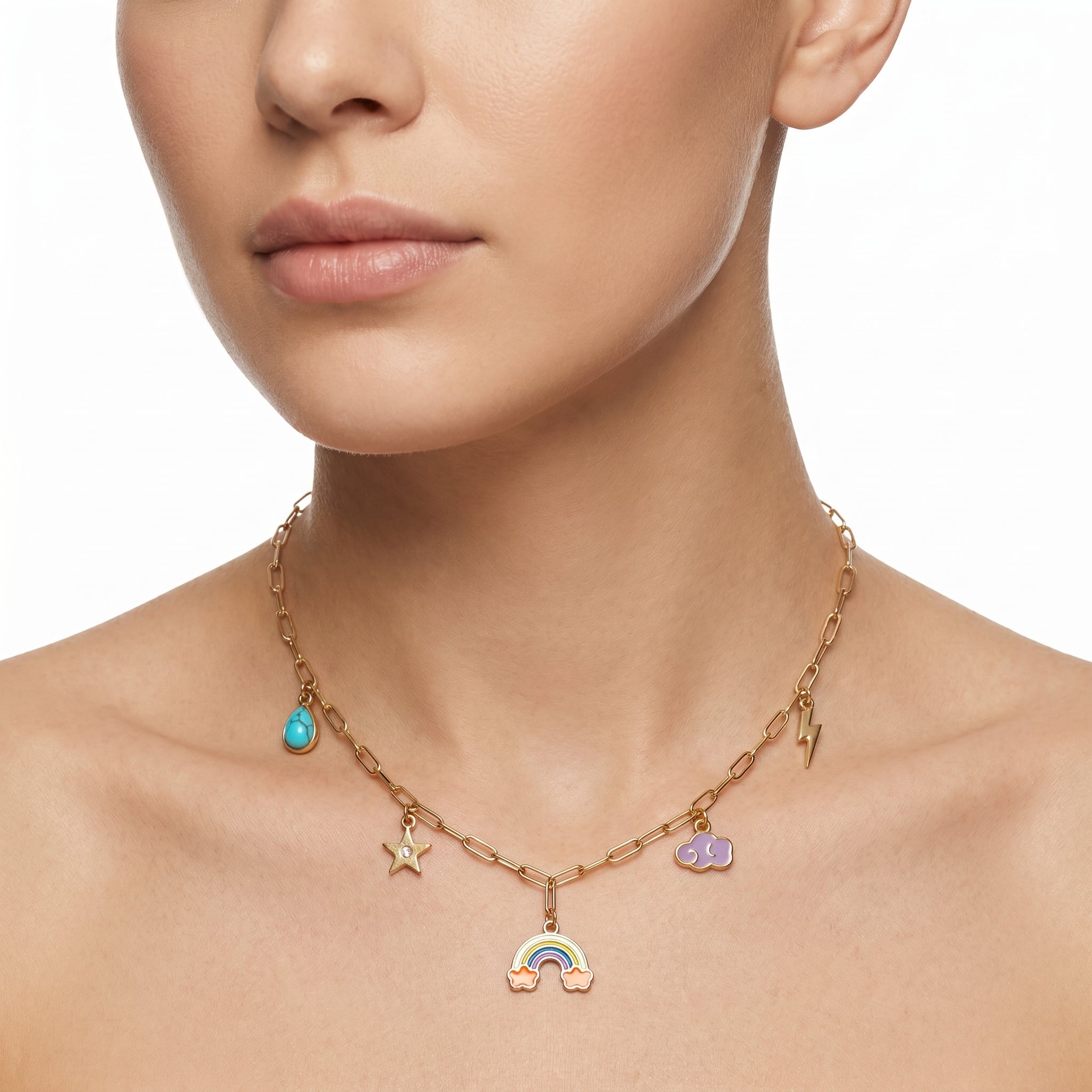 Rainbow & Cloud Enamel Charm Necklace – Gold Paperclip Chain Fashion Jewellery