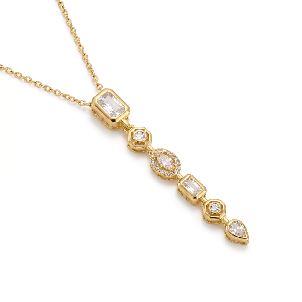 Multi-Shape CZ Long Drop Pendant Necklace – Gold Art Deco Fashion Jewellery