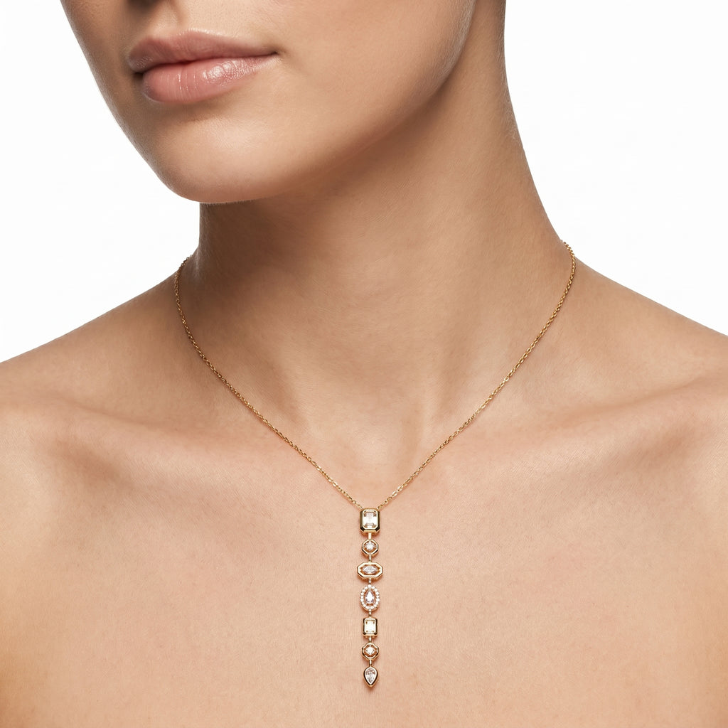 Multi-Shape CZ Long Drop Pendant Necklace – Gold Art Deco Fashion Jewellery