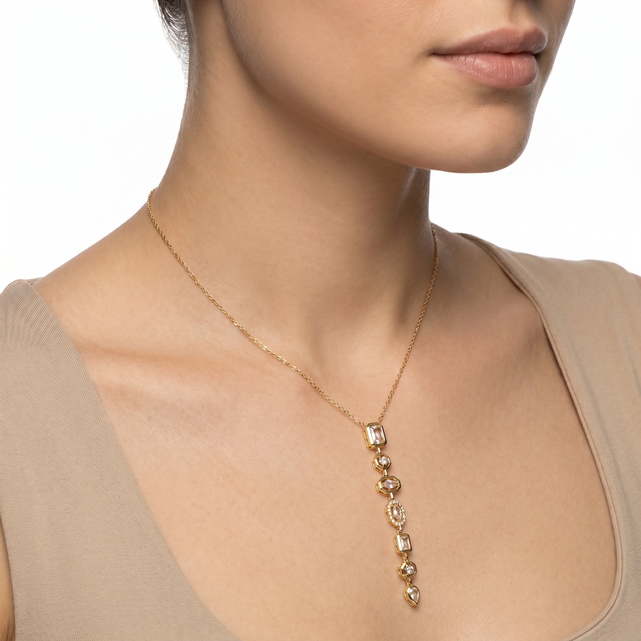 Multi-Shape CZ Long Drop Pendant Necklace – Gold Art Deco Fashion Jewellery
