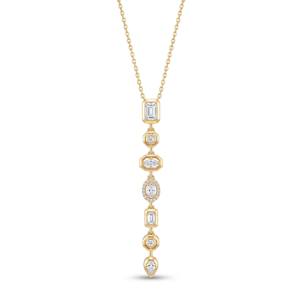 Multi-Shape CZ Long Drop Pendant Necklace – Gold Art Deco Fashion Jewellery