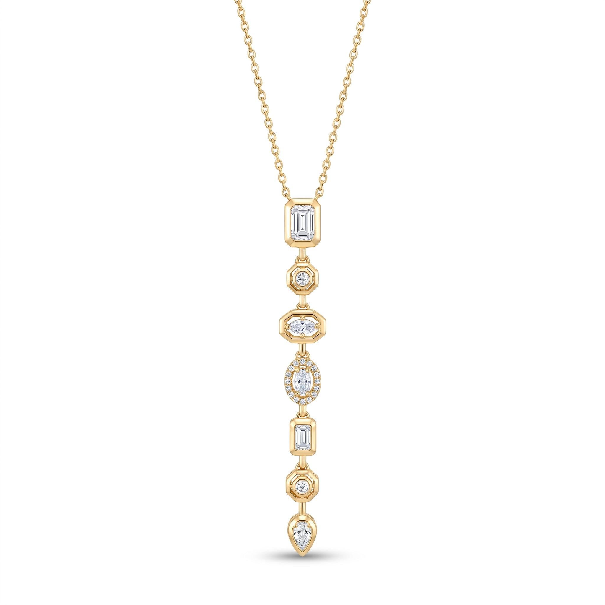 Multi-Shape CZ Long Drop Pendant Necklace – Gold Art Deco Fashion Jewellery