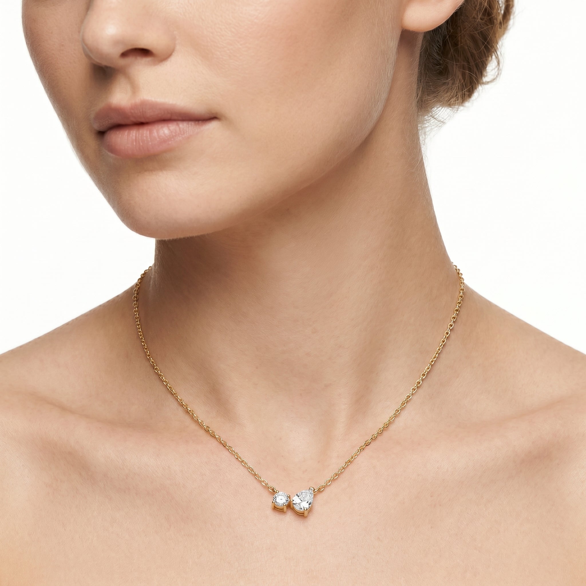 Pear & Round CZ Duo Double Chain Necklace – Dainty Gold Fashion Jewellery