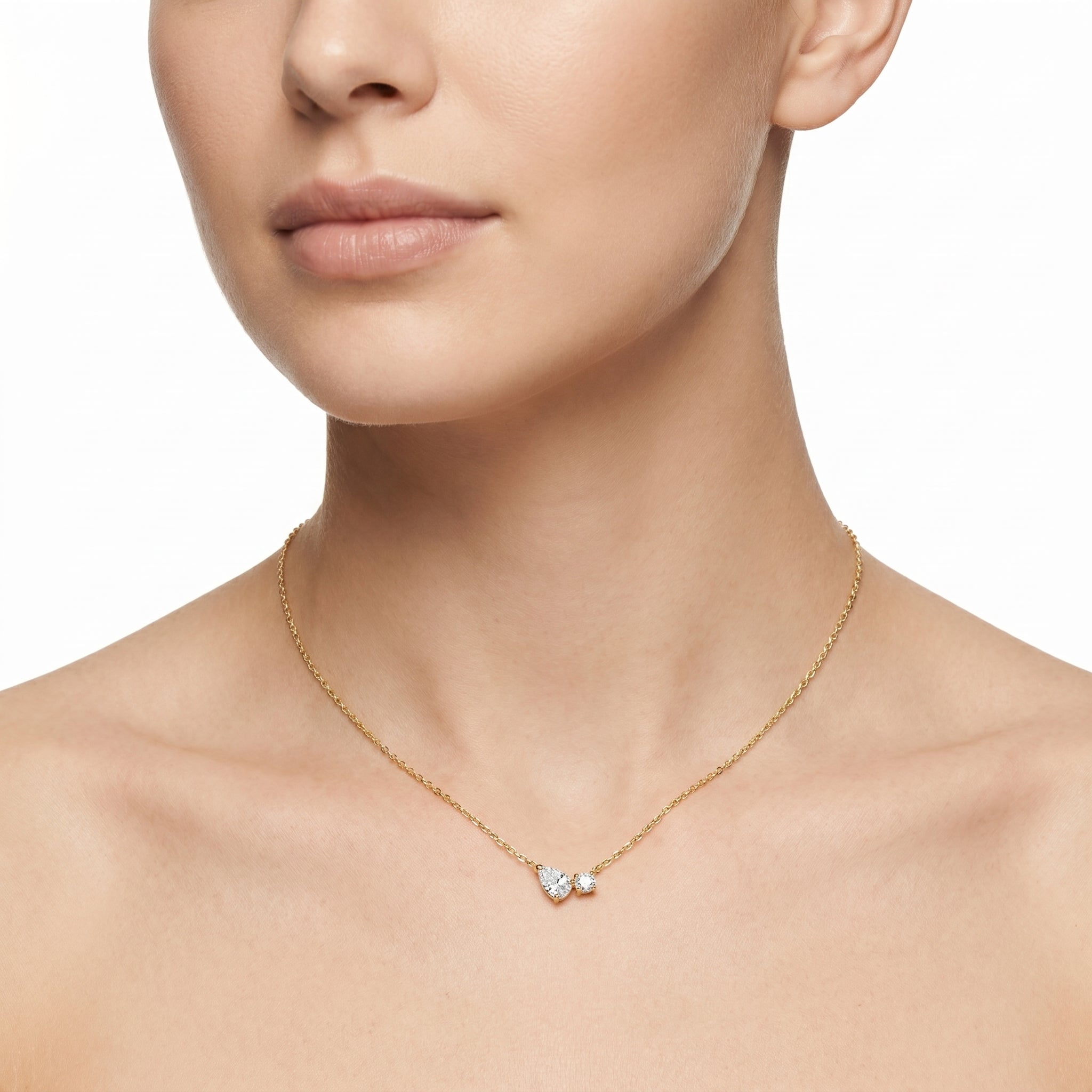 Pear & Round CZ Duo Double Chain Necklace – Dainty Gold Fashion Jewellery